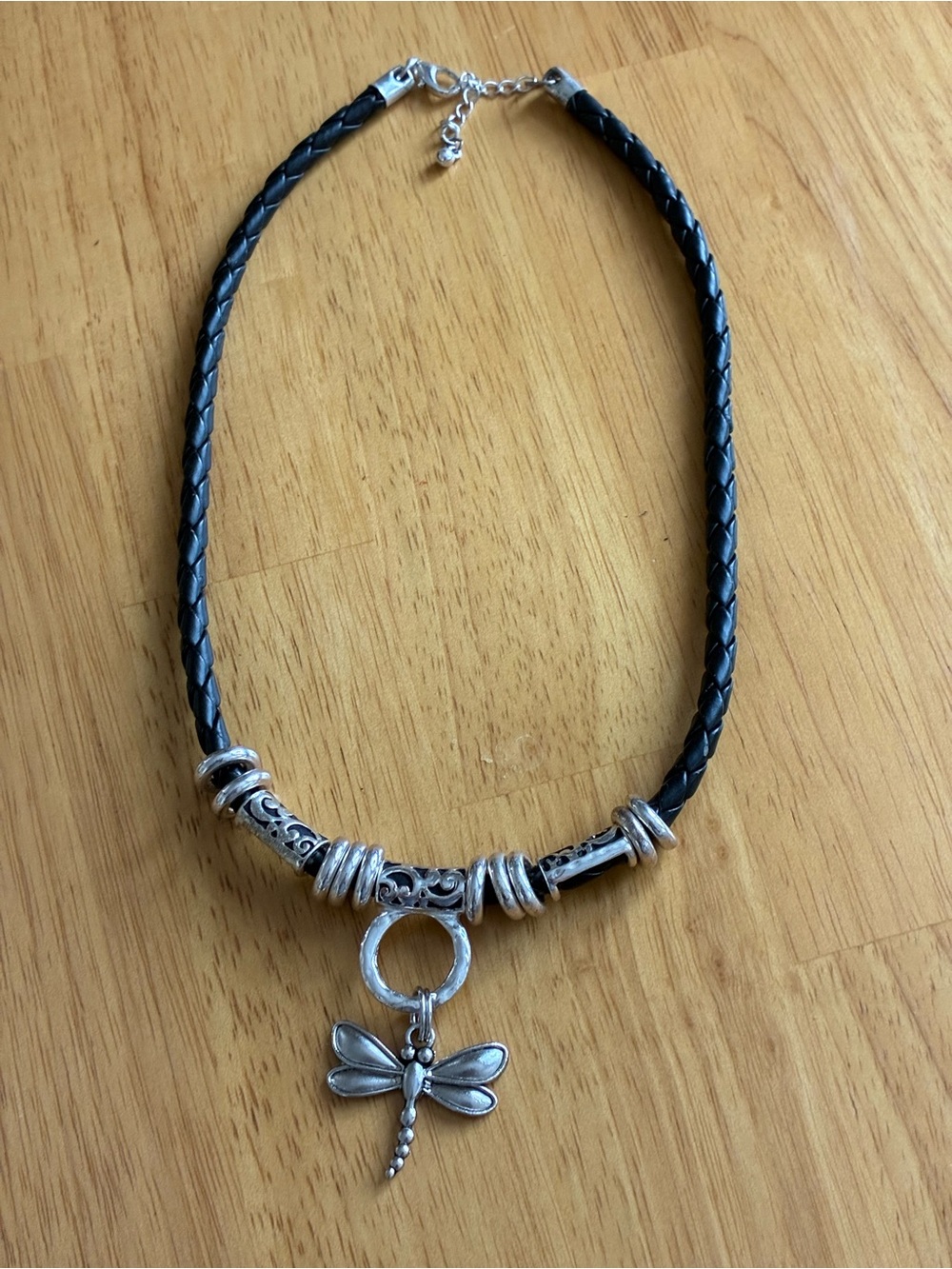 Silver Dragonfly Pendant Necklace on Black Braided Cord